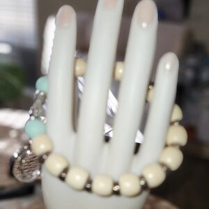 Arisanal Cream and Mint Beaded Keychain Bracelet/wristlet